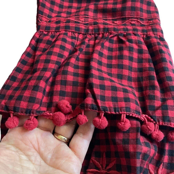 NY Collection Checked Plaid Top, Size Large, Black & Red, Eyelet, Pom-Poms - Picture 4 of 7